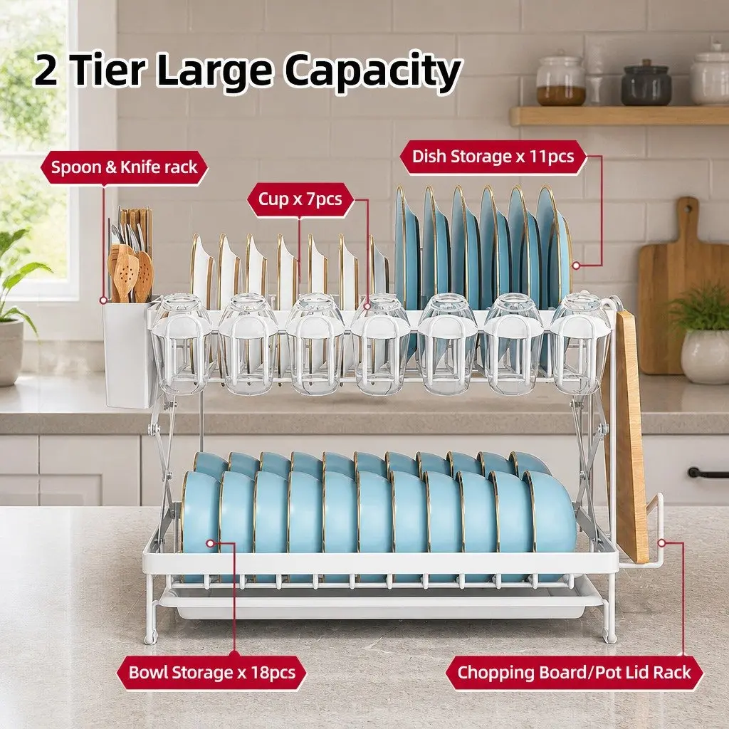 2-Tier Dish Drying Rack Large Capacity with Drainage Tray Utensil Holder Cup Hooks