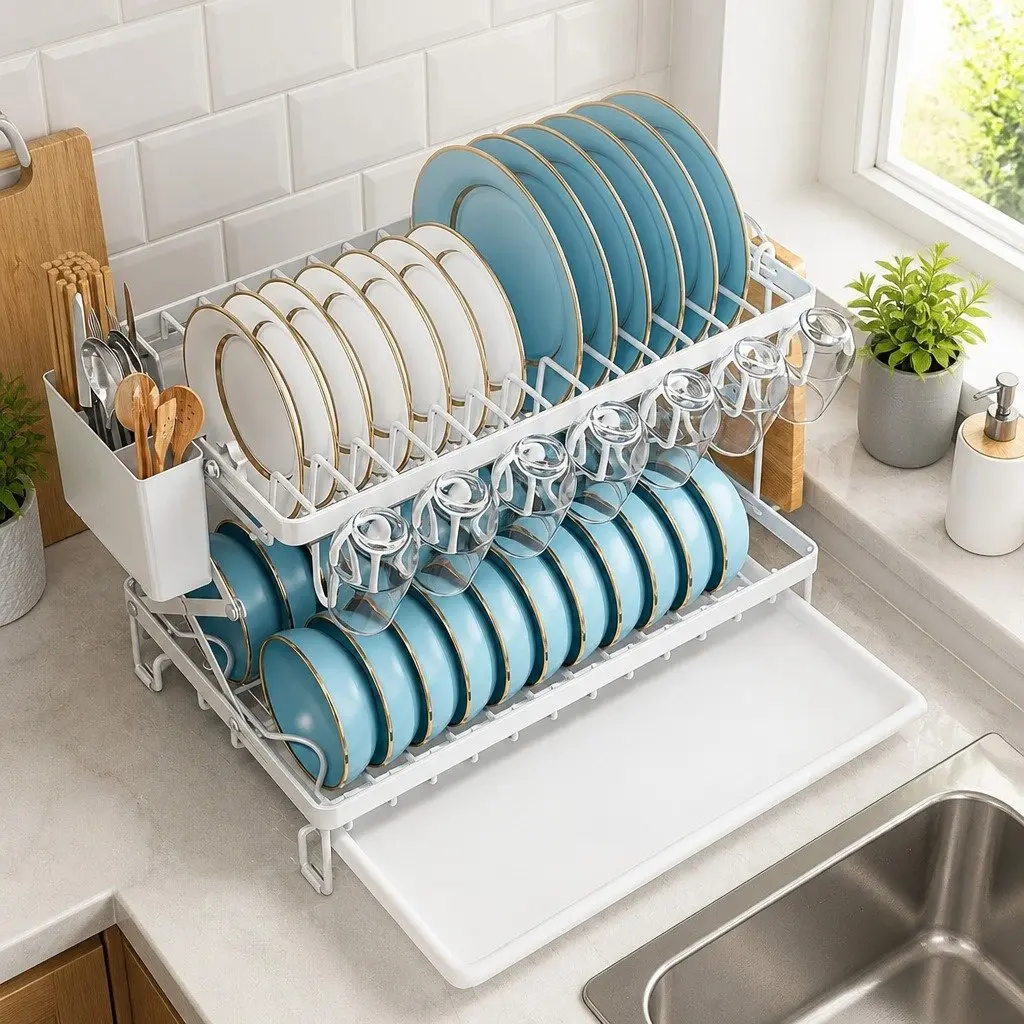 2-Tier Dish Drying Rack Large Capacity with Drainage Tray Utensil Holder Cup Hooks
