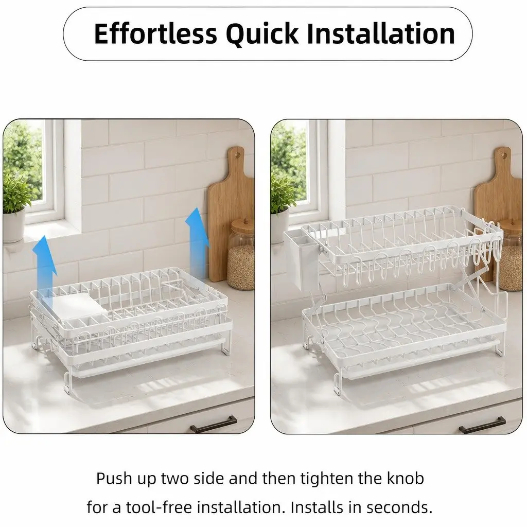 2-Tier Dish Drying Rack Large Capacity with Drainage Tray Utensil Holder Cup Hooks