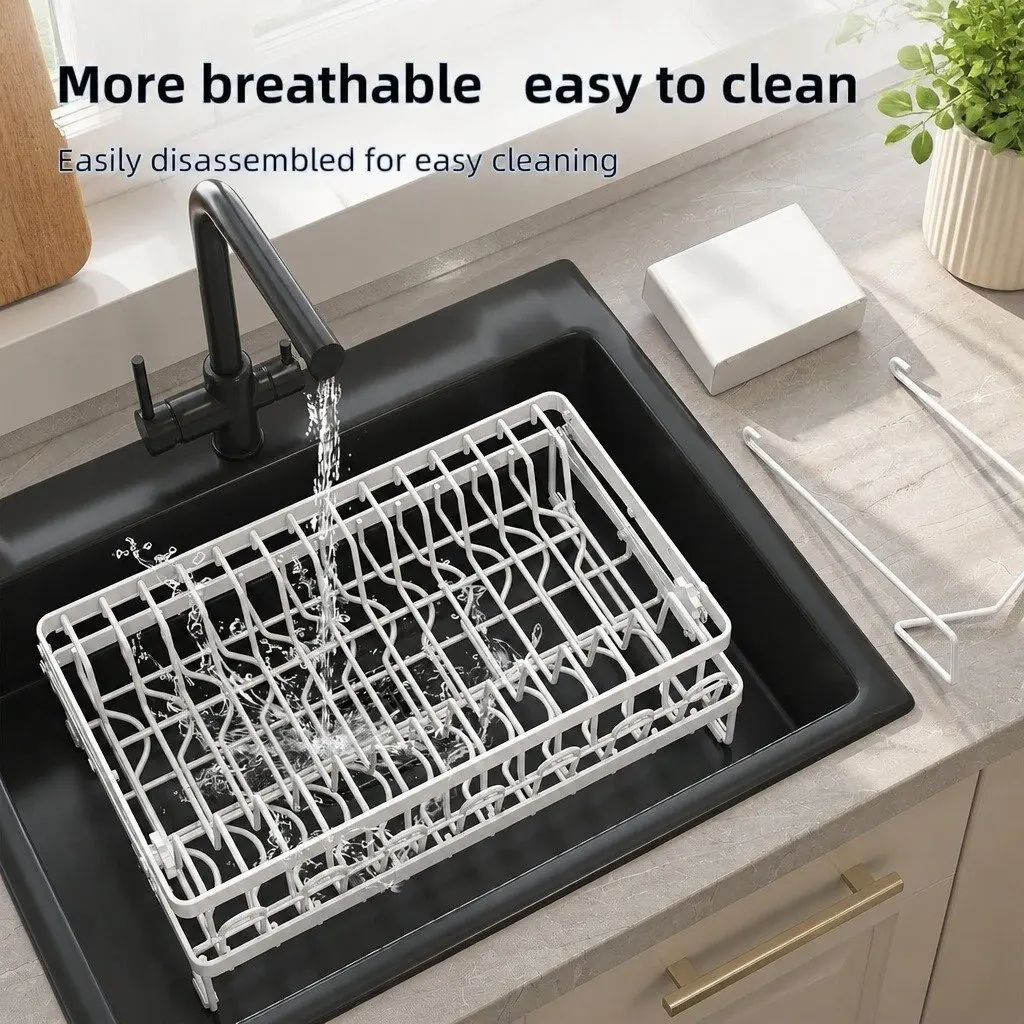 2-Tier Dish Drying Rack Large Capacity with Drainage Tray Utensil Holder Cup Hooks
