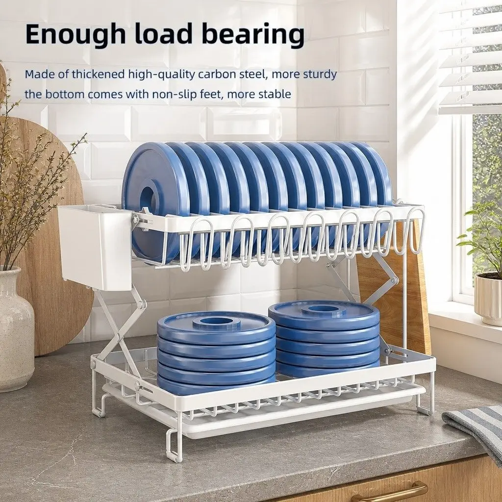 2-Tier Dish Drying Rack Large Capacity with Drainage Tray Utensil Holder Cup Hooks