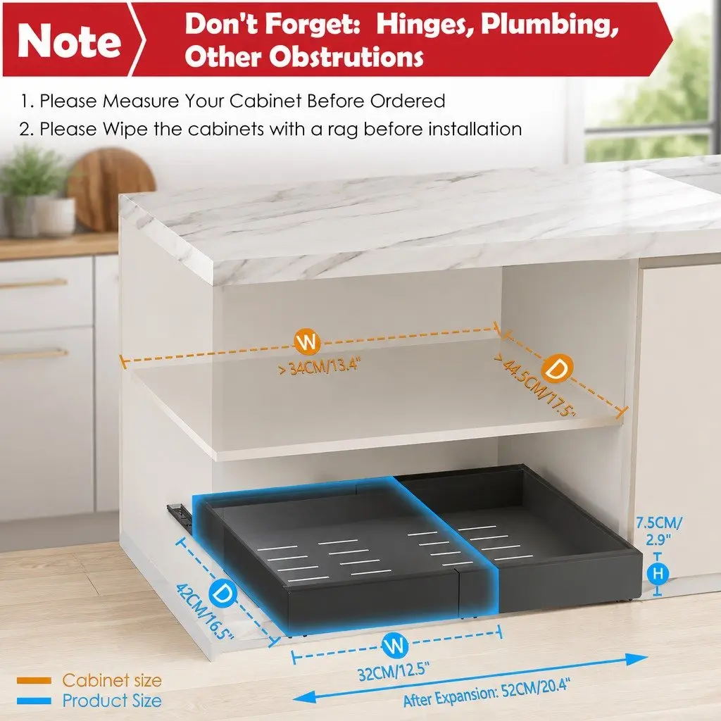 Pull Out Cabinet Organizer Expandable Adjustable Slide Out Shelves Black 40 x 27 x 7 cm