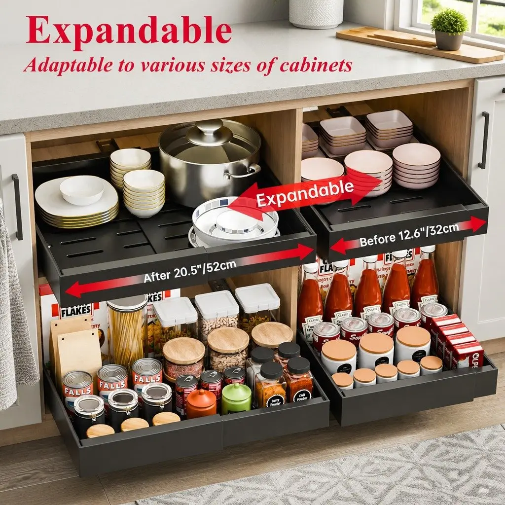 Pull Out Cabinet Organizer Expandable Adjustable Slide Out Shelves Black 40 x 27 x 7 cm