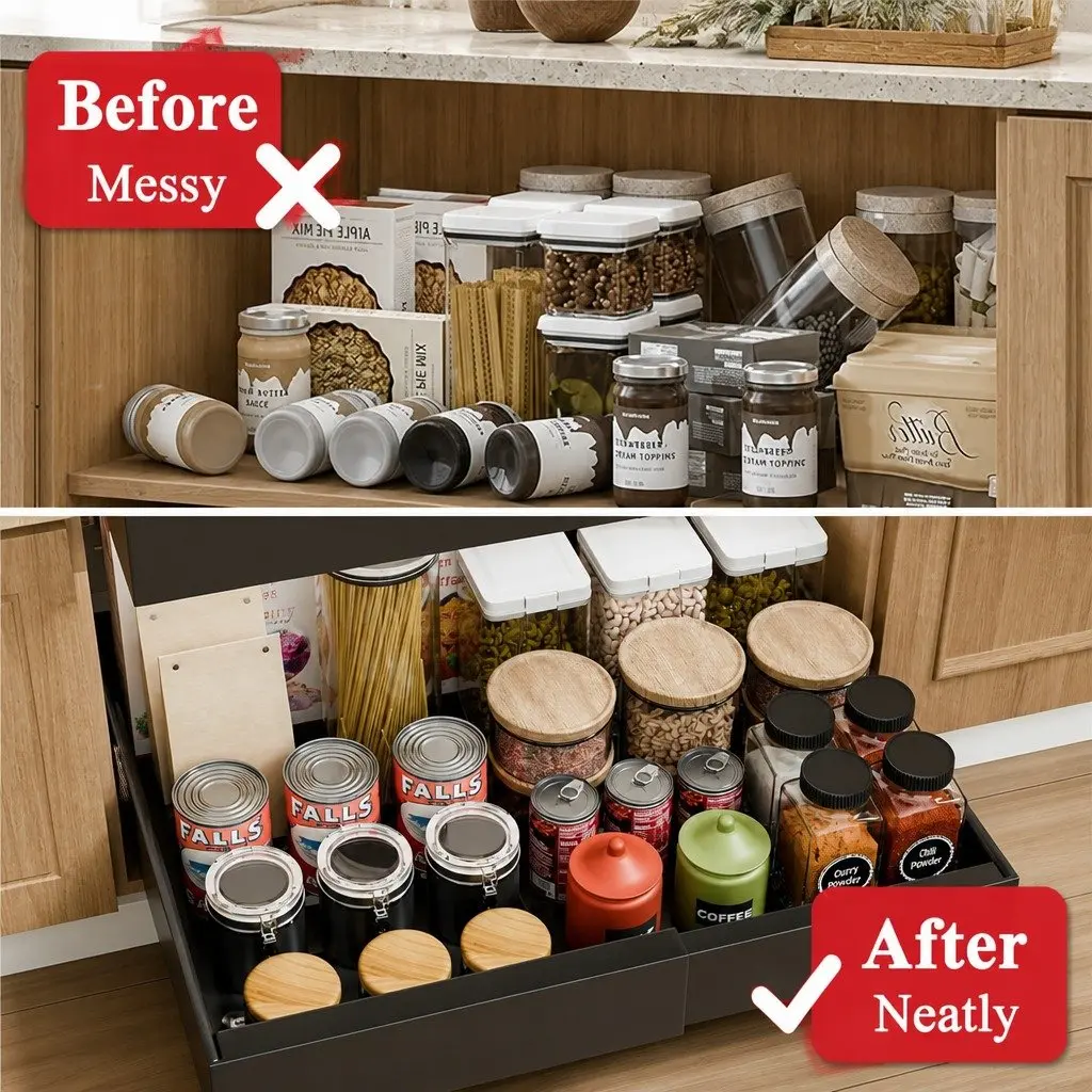 Pull Out Cabinet Organizer Expandable Adjustable Slide Out Shelves Black 40 x 27 x 7 cm