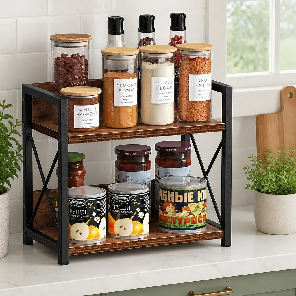 2-Tier Countertop Shelf Organizer Rustic Wood Storage 27 x 30 x 16 cm