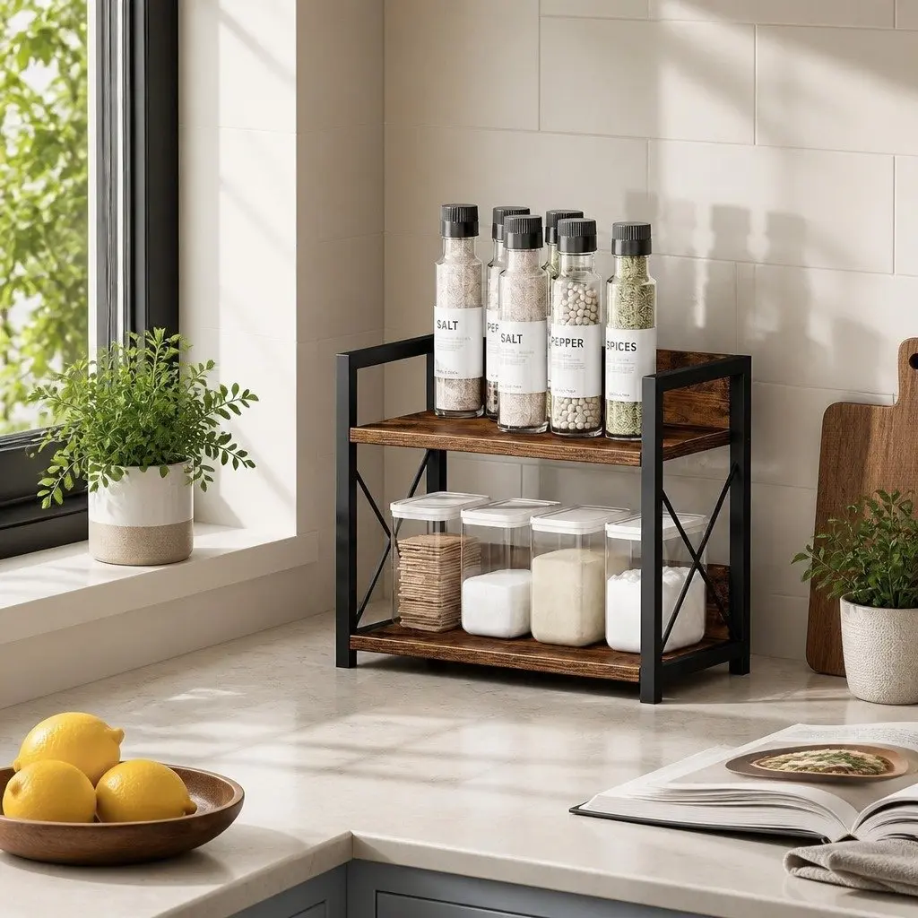2-Tier Countertop Shelf Organizer Rustic Wood Storage 27 x 30 x 16 cm