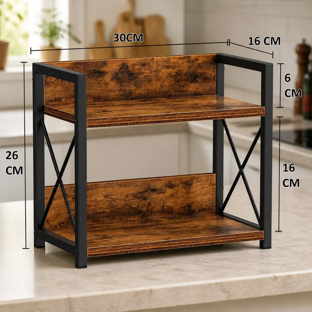 2-Tier Countertop Shelf Organizer Rustic Wood Storage 27 x 30 x 16 cm