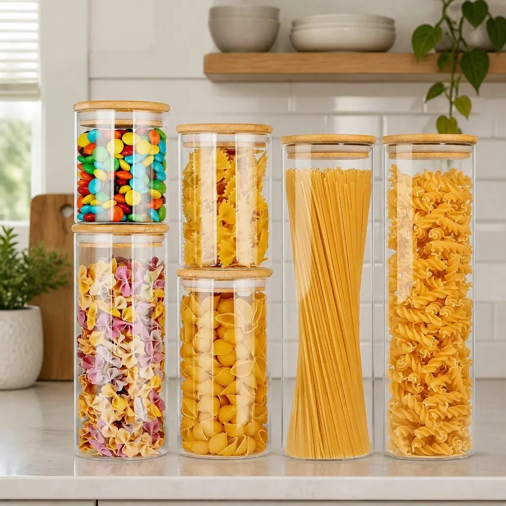 6 Glass Storage Jars and Bamboo Lids