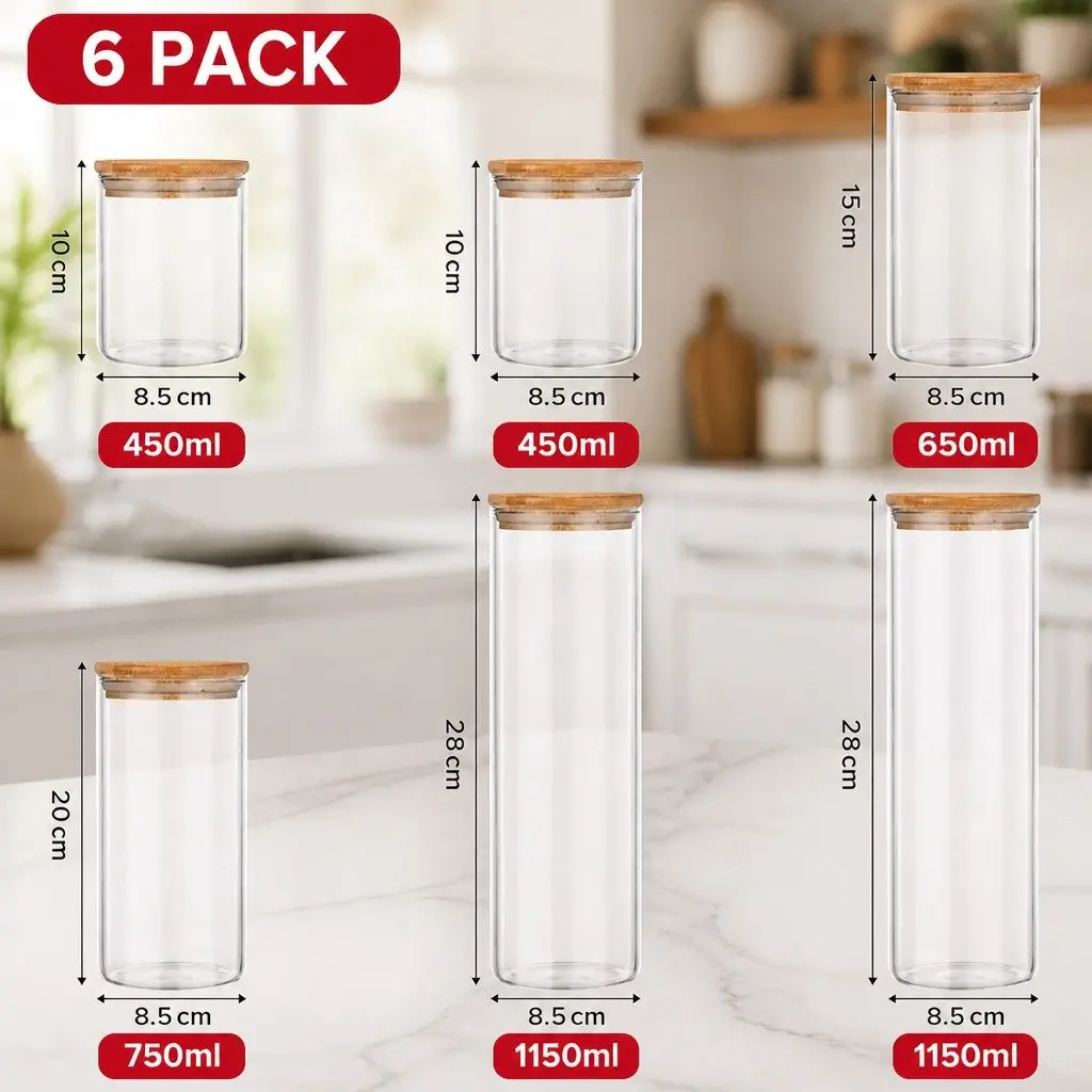 6 Glass Storage Jars and Bamboo Lids