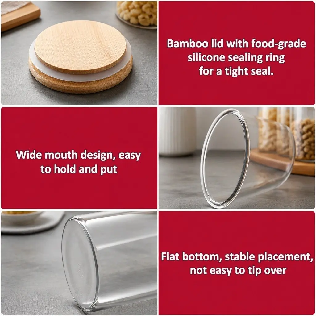 6 Glass Storage Jars and Bamboo Lids