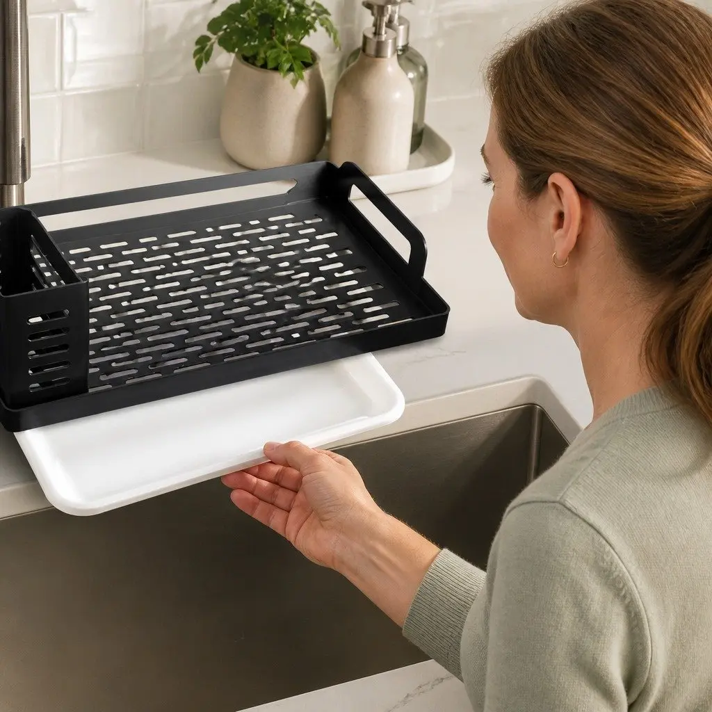 Kitchen Sink Caddy Organizer with Sponge Soap Brush Storage Drain Tray Rag Rack