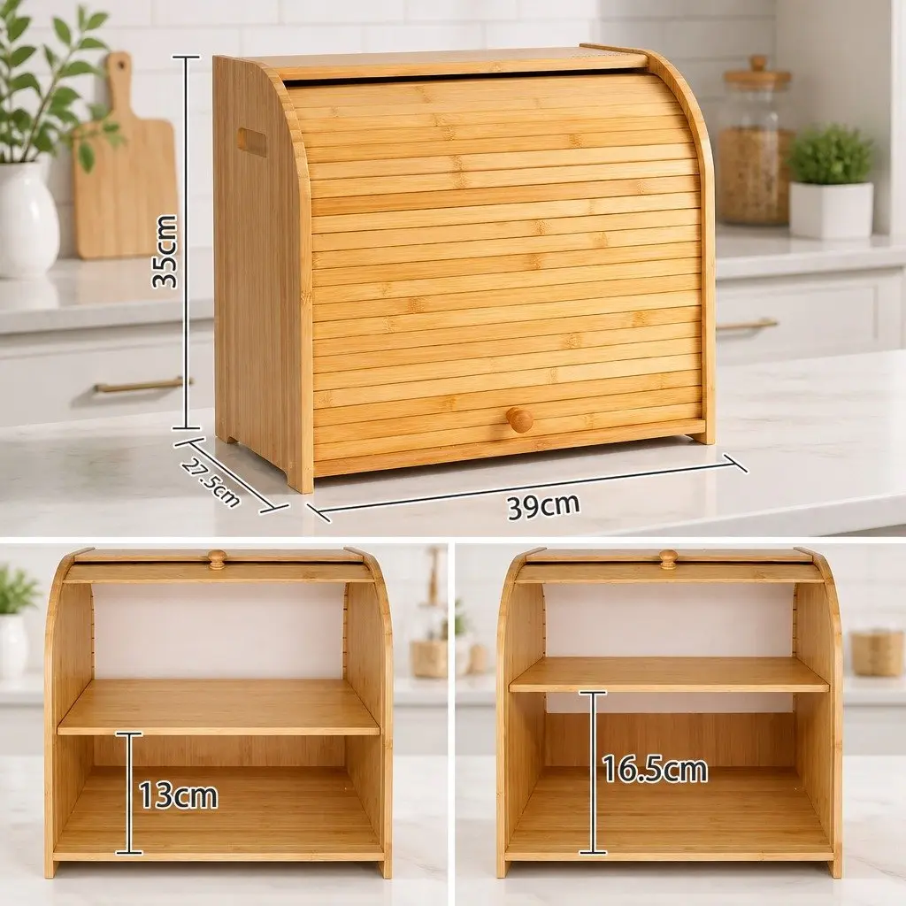 Bamboo Bread Box Roll Top Storage Organizer 2-Tier Large