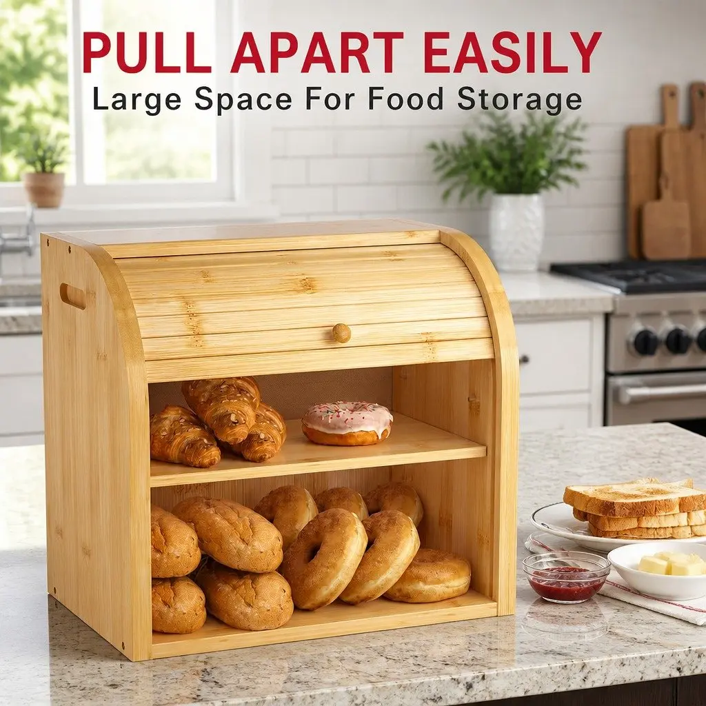 Bamboo Bread Box Roll Top Storage Organizer 2-Tier Large