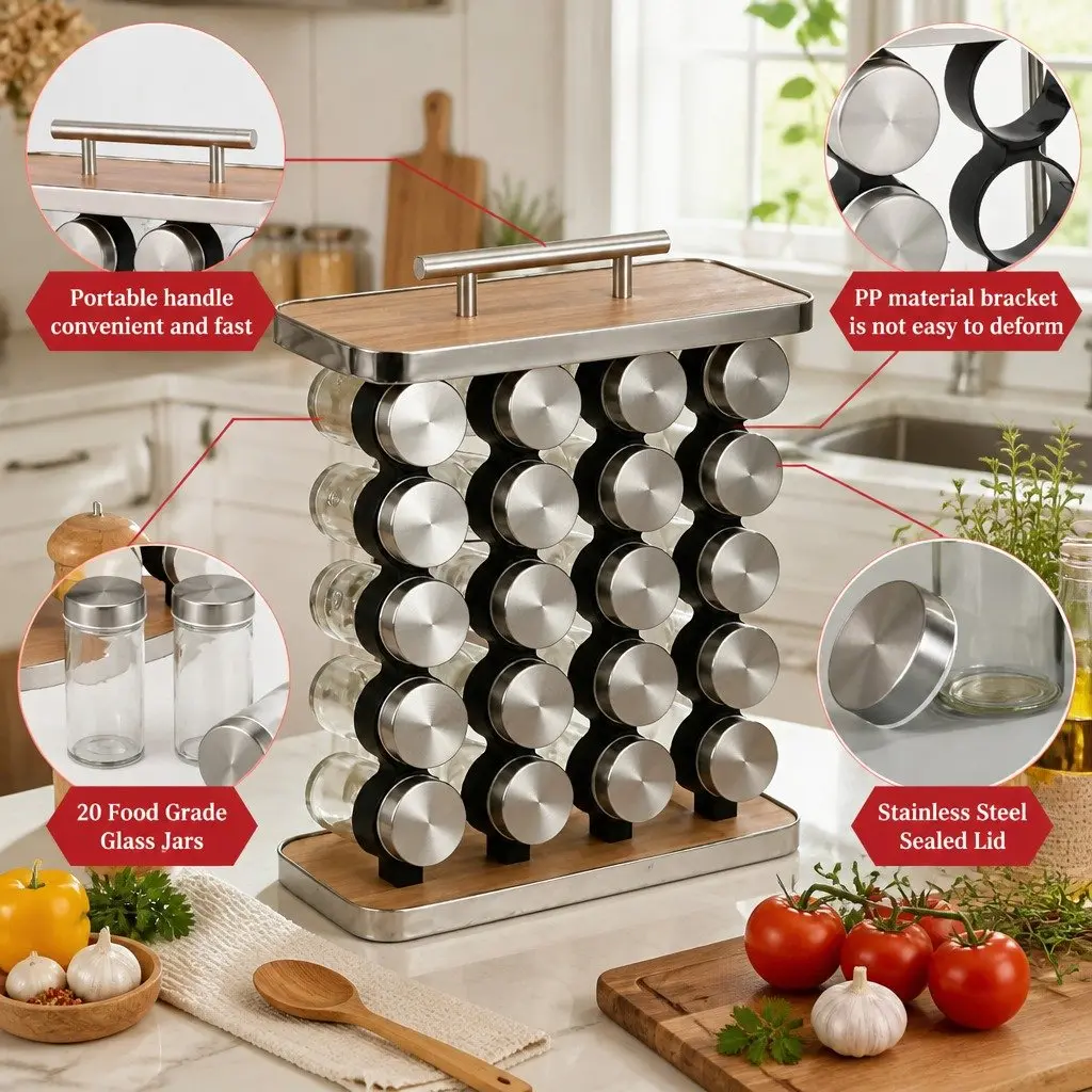 Spice Rack Organizer 20-Jar Kitchen Storage Countertop Cabinet Solution