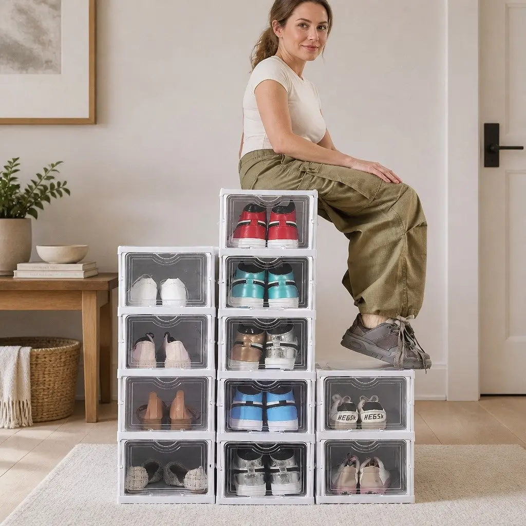 3-Tier Stackable Shoe Storage Organizer Clear Door 26 x 53 x 35 cm