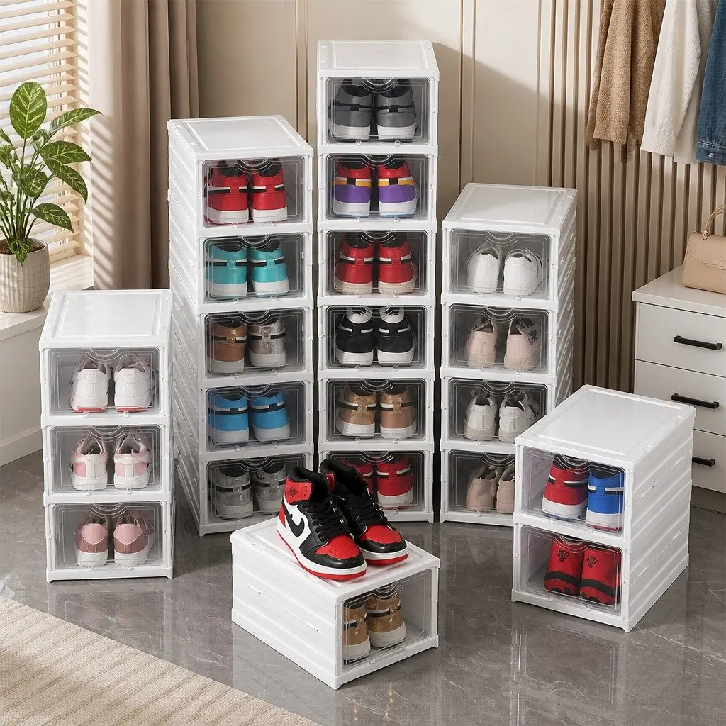 3-Tier Stackable Shoe Storage Organizer Clear Door 26 x 53 x 35 cm