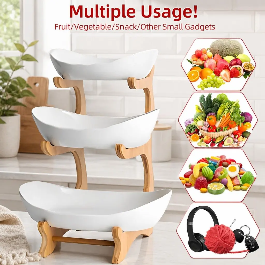 3-Tier Ceramic Fruit Bowl with Bamboo Stand Kitchen Counter Snack Tray Dessert