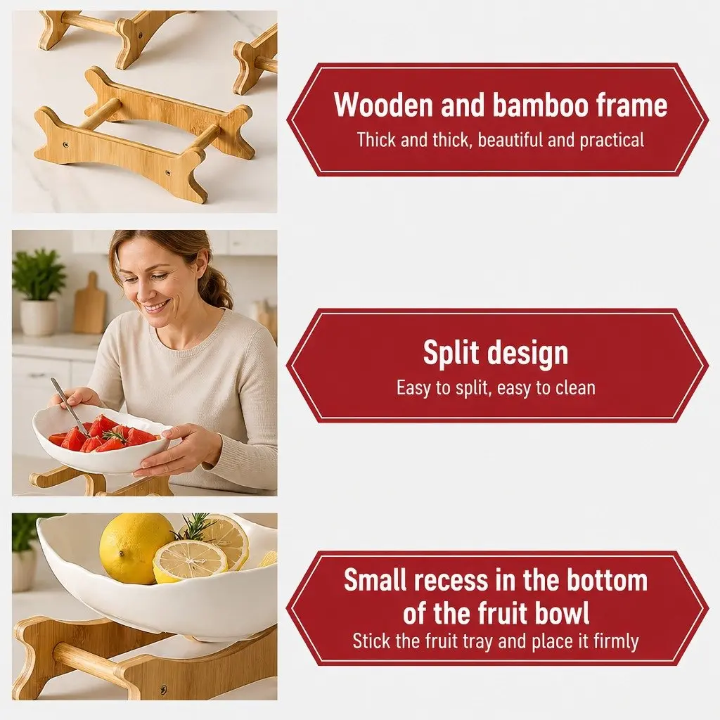 3-Tier Ceramic Fruit Bowl with Bamboo Stand Kitchen Counter Snack Tray Dessert