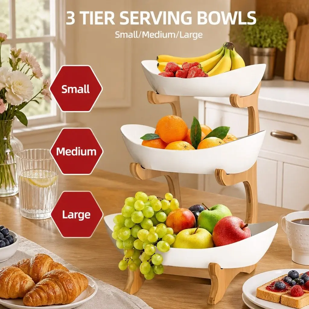 3-Tier Ceramic Fruit Bowl with Bamboo Stand Kitchen Counter Snack Tray Dessert