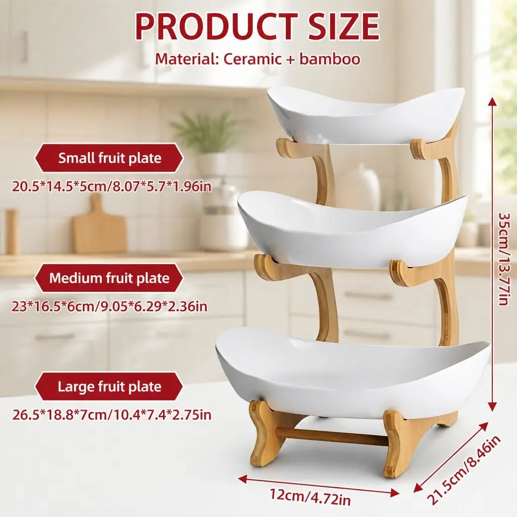 3-Tier Ceramic Fruit Bowl with Bamboo Stand Kitchen Counter Snack Tray Dessert