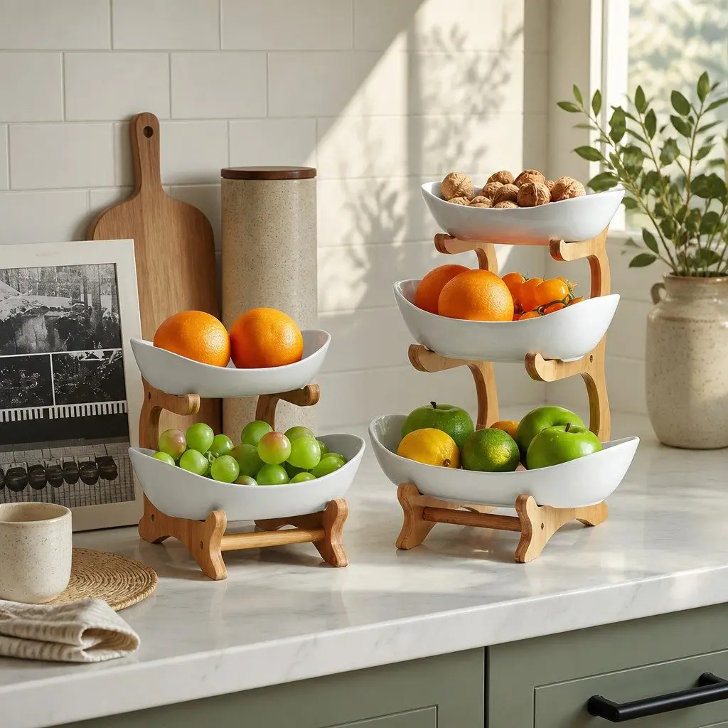 2-Tier Ceramic Fruit Bowl with Bamboo Stand Kitchen Counter Snack Tray Dessert