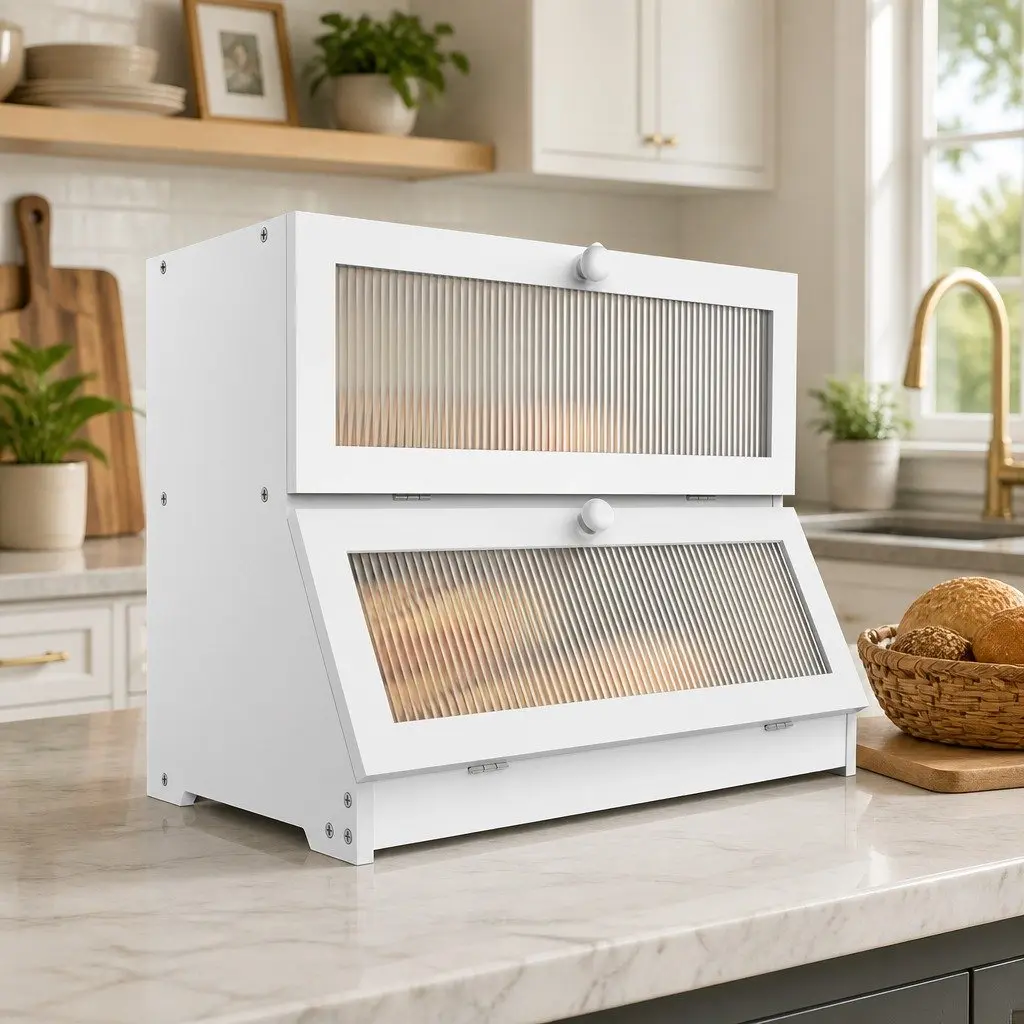 Double Layer Bamboo Bread Box Kitchen Counter Storage Container with Clear Window
