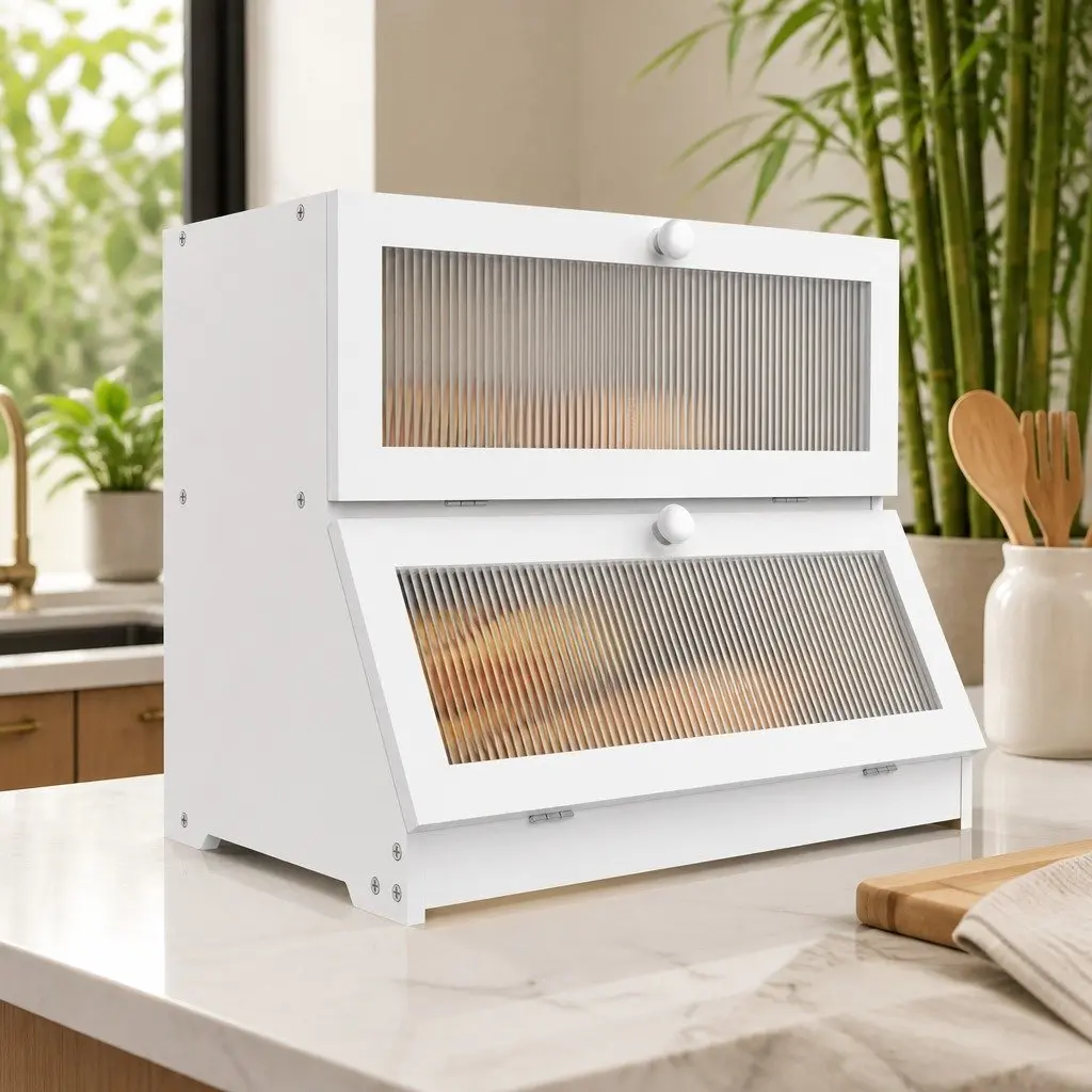 Double Layer Bamboo Bread Box Kitchen Counter Storage Container with Clear Window