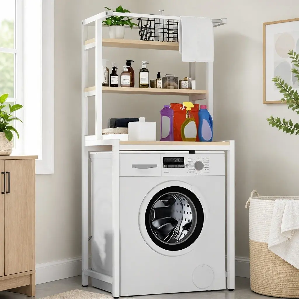 3-Tier Over Washing Machine Storage Rack White Steel Bathroom Organizer