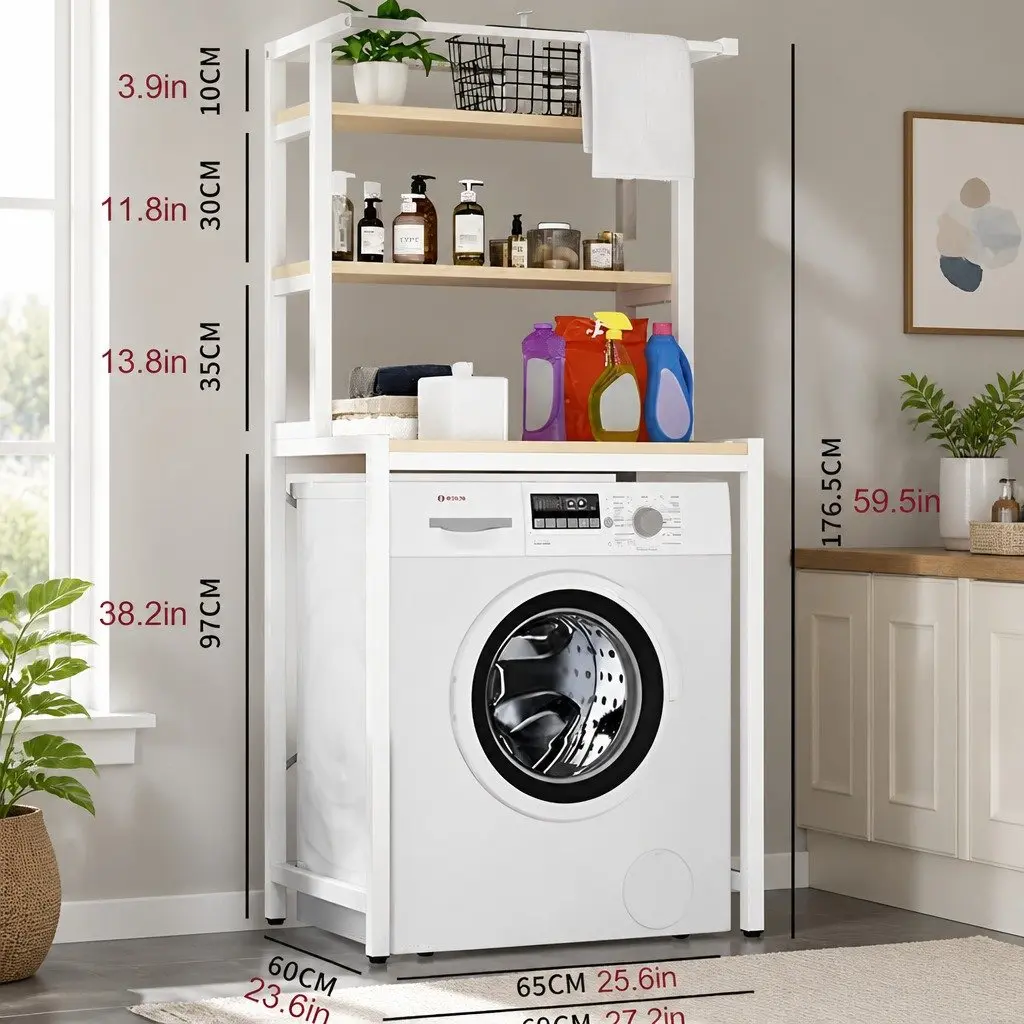 3-Tier Over Washing Machine Storage Rack White Steel Bathroom Organizer