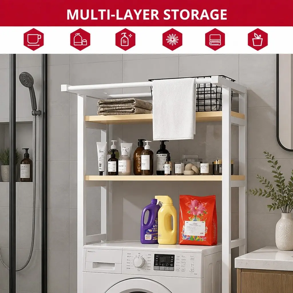3-Tier Over Washing Machine Storage Rack White Steel Bathroom Organizer