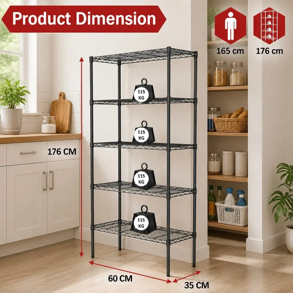 5-Tier Adjustable Metal Storage Shelves Wire Rack Organizer Kitchen Pantry