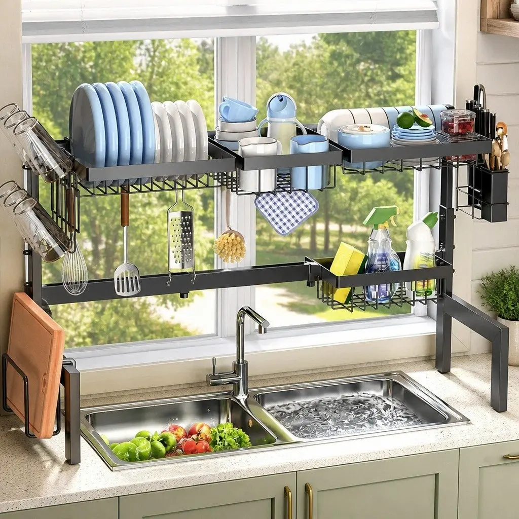 Over the Sink Dish Drying Rack Adjustable Expandable 66 to 85 cm for Kitchen Counter Storage