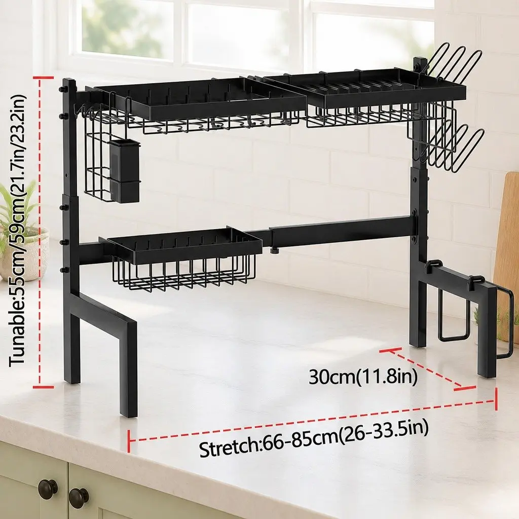 Over the Sink Dish Drying Rack Adjustable Expandable 66 to 85 cm for Kitchen Counter Storage