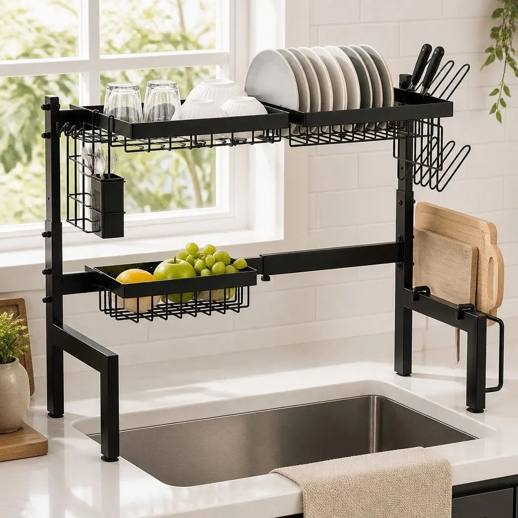 Over the Sink Dish Drying Rack Adjustable Expandable 66 to 85 cm for Kitchen Counter Storage