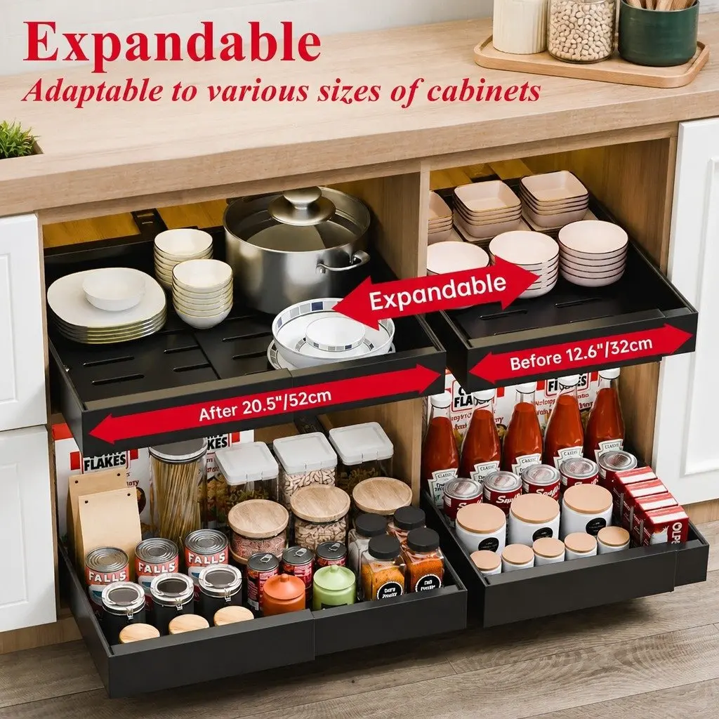Pull Out Cabinet Organizer Expandable Slide Out Shelves 2 Pack