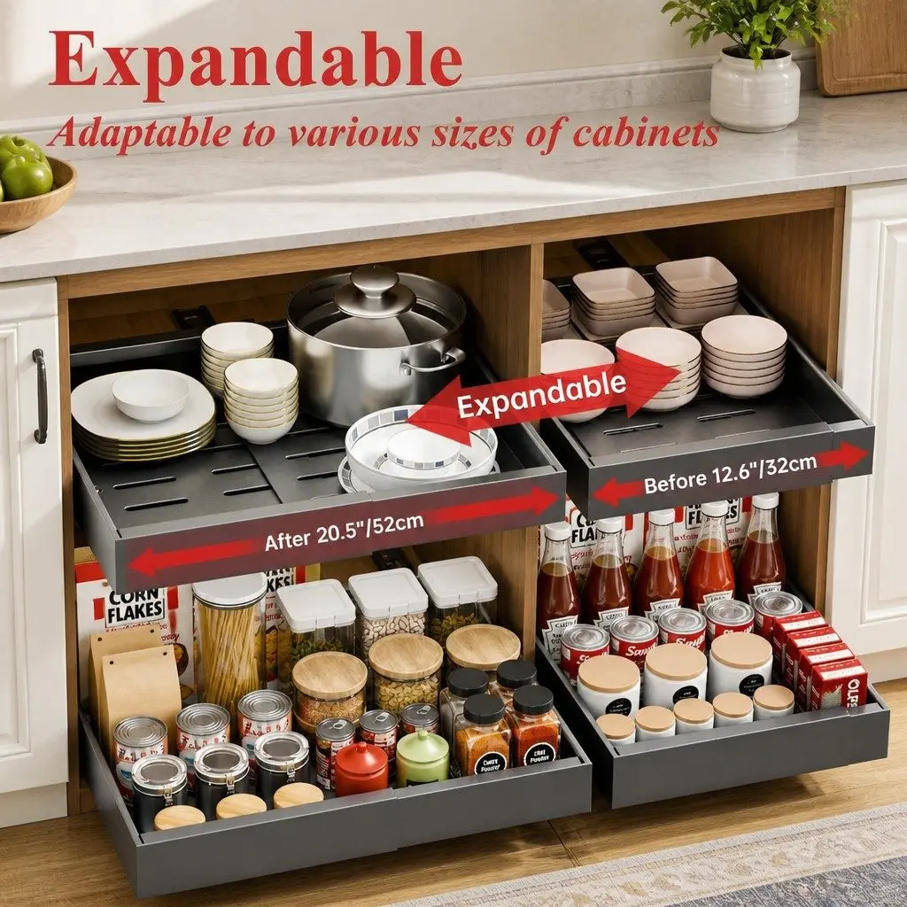 Pull Out Cabinet Organizer 2 Pack Expandable Slide Out Shelves Kitchen Storage