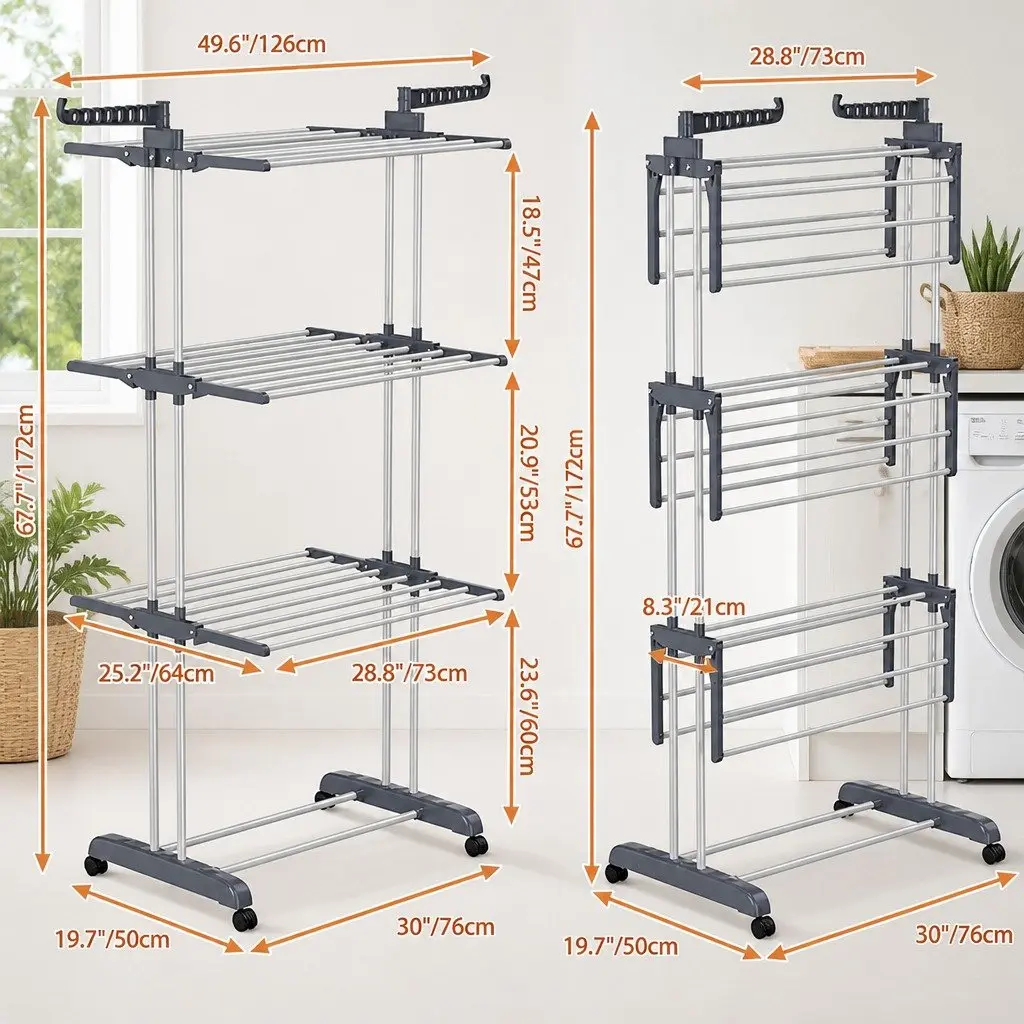 Folding Clothes Drying Rack 4-Tier Adjustable Wings with Wheels
