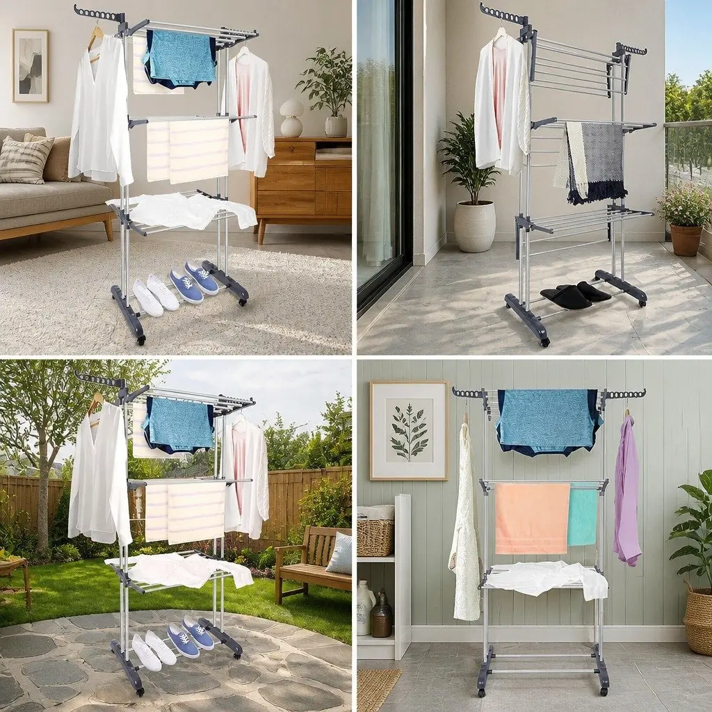Folding Clothes Drying Rack 4-Tier Adjustable Wings with Wheels