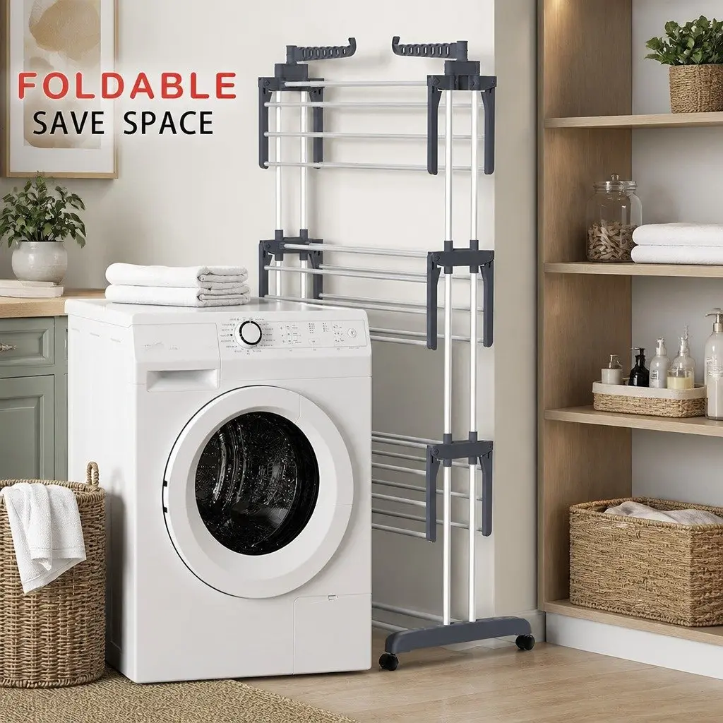 Folding Clothes Drying Rack 4-Tier Adjustable Wings with Wheels