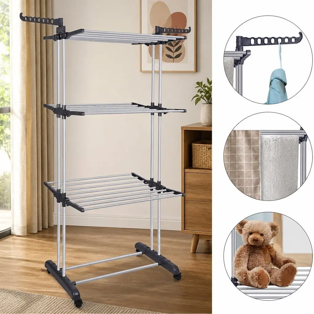 Folding Clothes Drying Rack 4-Tier Adjustable Wings with Wheels