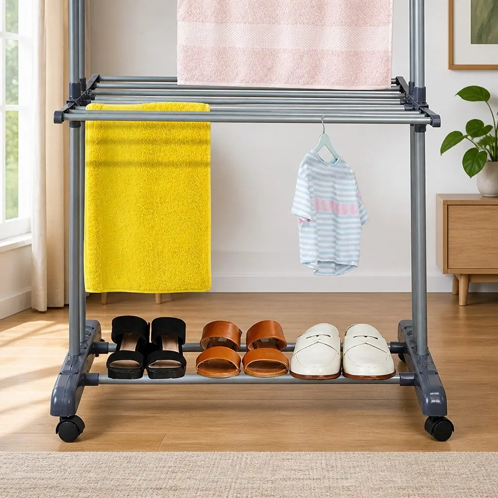 Folding Clothes Drying Rack 4-Tier Adjustable Wings with Wheels