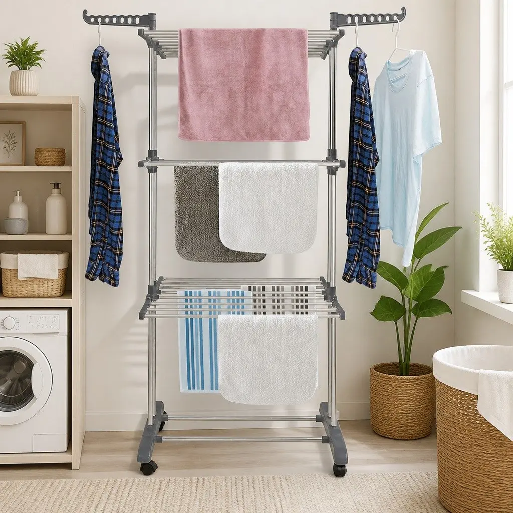 Folding Clothes Drying Rack 4-Tier Adjustable Wings with Wheels