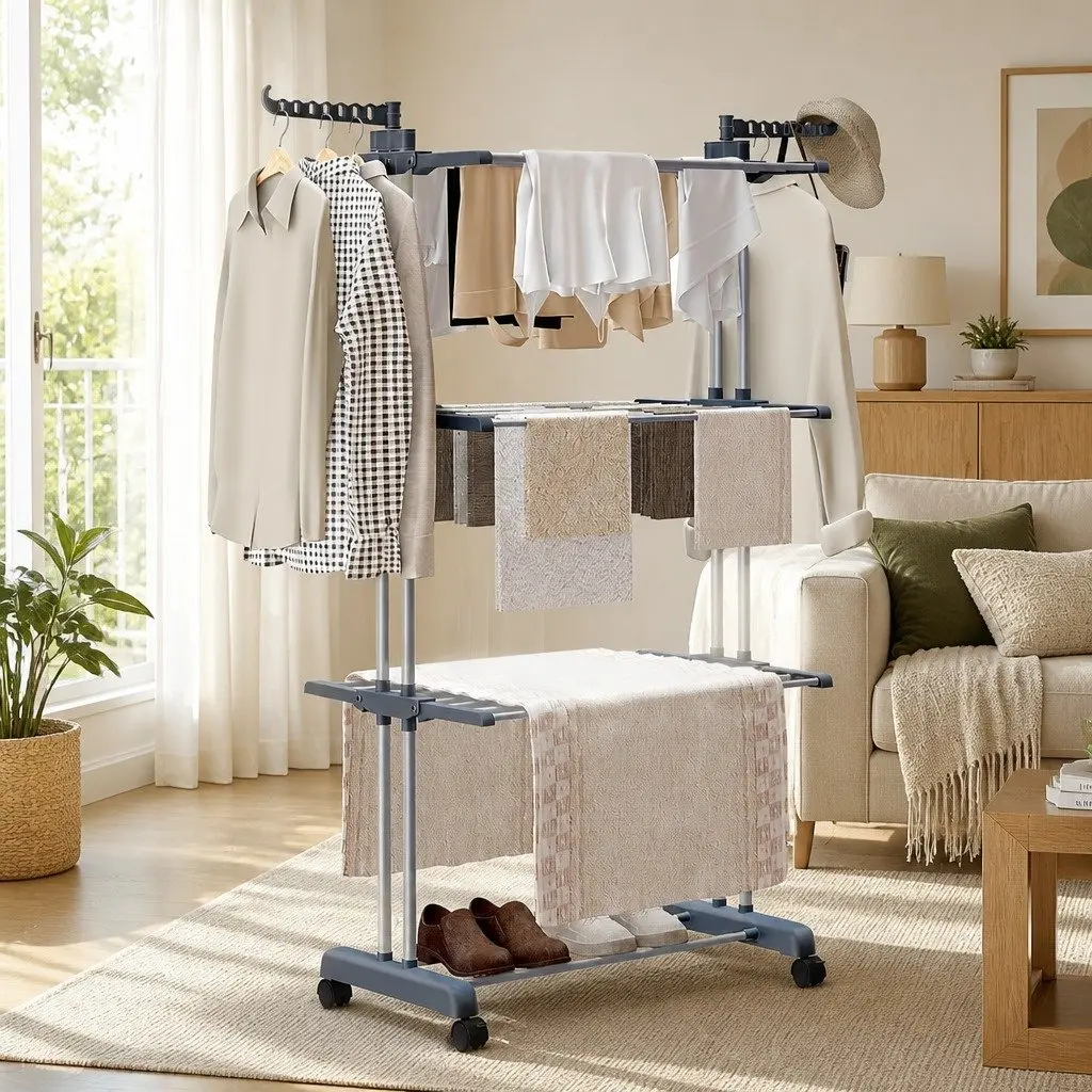 Folding Clothes Drying Rack 4-Tier Adjustable Wings with Wheels