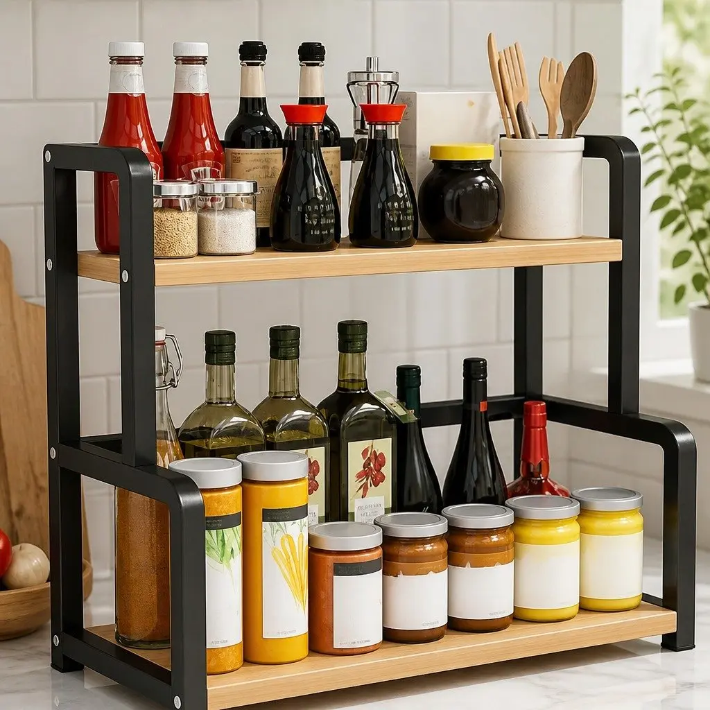 2-Tier Wooden Kitchen Countertop Spice Rack Organizer Storage Condiments Oils