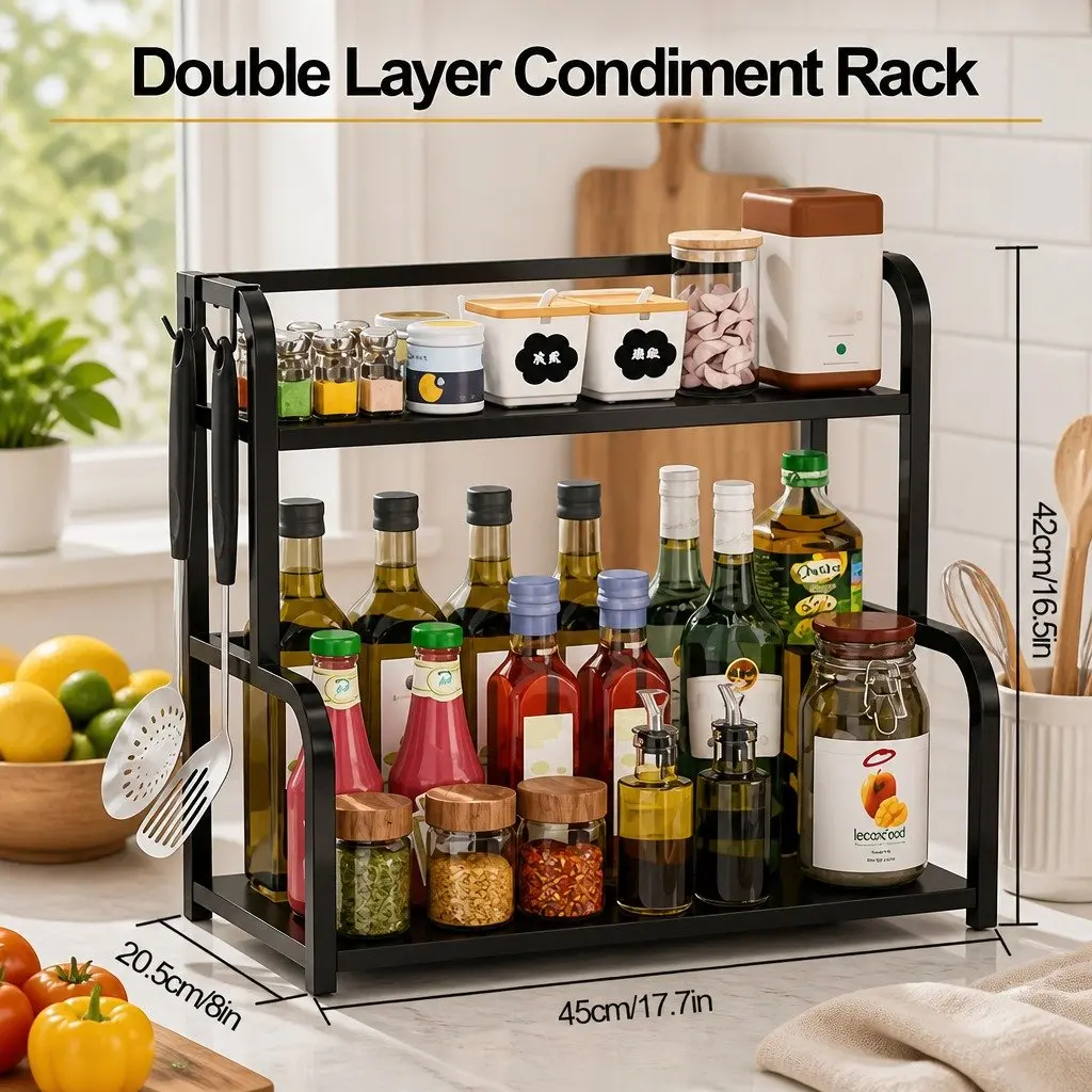 2-Tier Wooden Kitchen Countertop Spice Rack Organizer Storage Condiments Oils