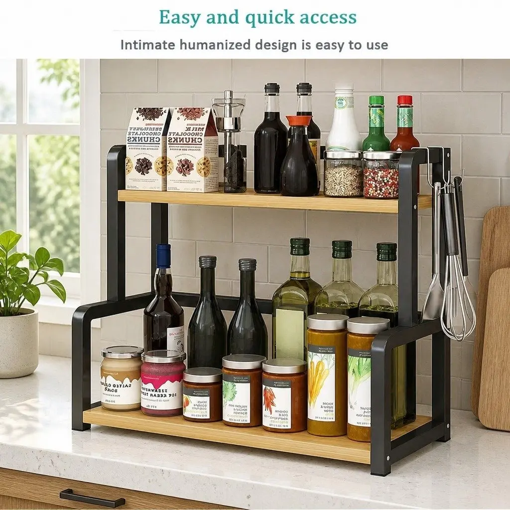 2-Tier Wooden Kitchen Countertop Spice Rack Organizer Storage Condiments Oils