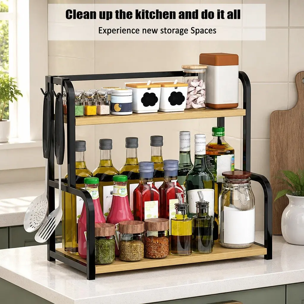 2-Tier Wooden Kitchen Countertop Spice Rack Organizer Storage Condiments Oils