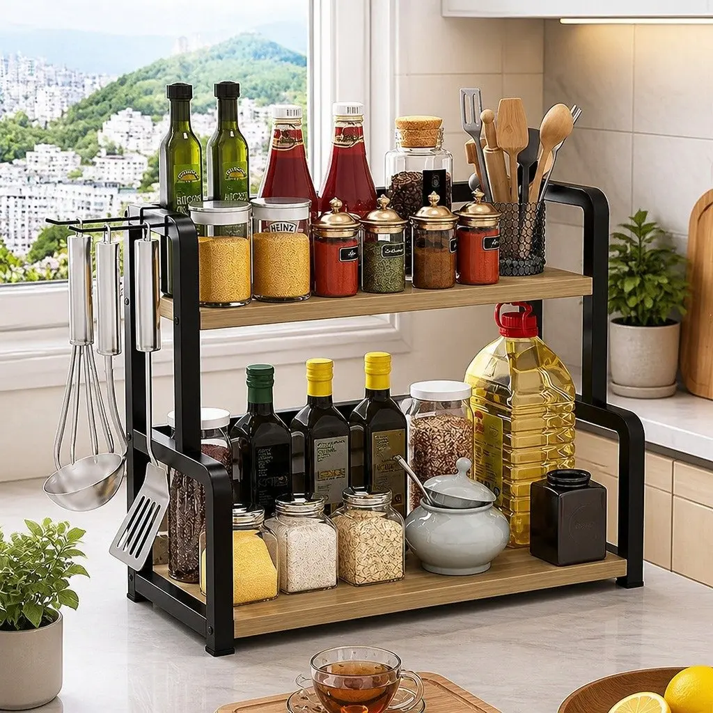 2-Tier Wooden Kitchen Countertop Spice Rack Organizer Storage Condiments Oils