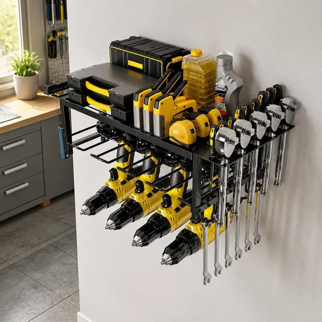 2-Tier Wall Mount Power Tool Rack Organizer Heavy-Duty Steel 25 x 15 x 60 cm