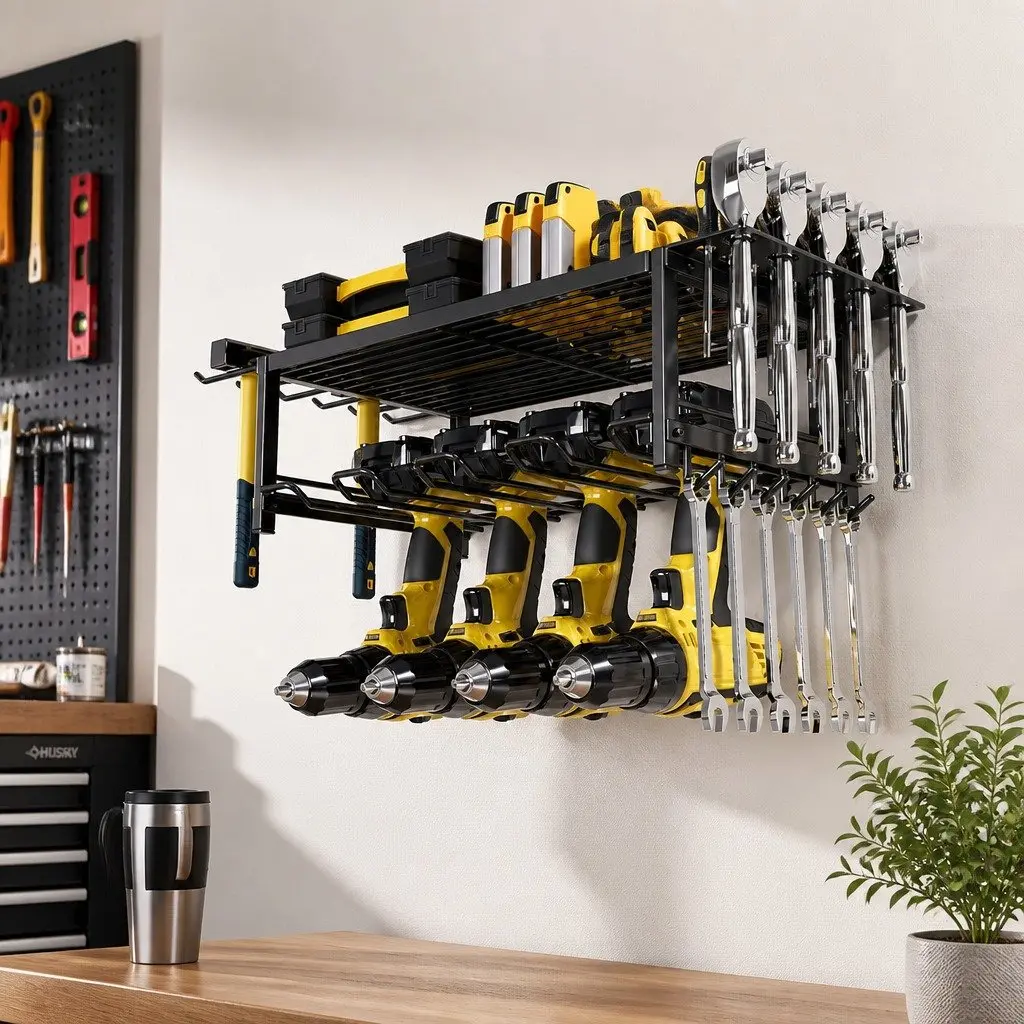 2-Tier Wall Mount Power Tool Rack Organizer Heavy-Duty Steel 25 x 15 x 60 cm